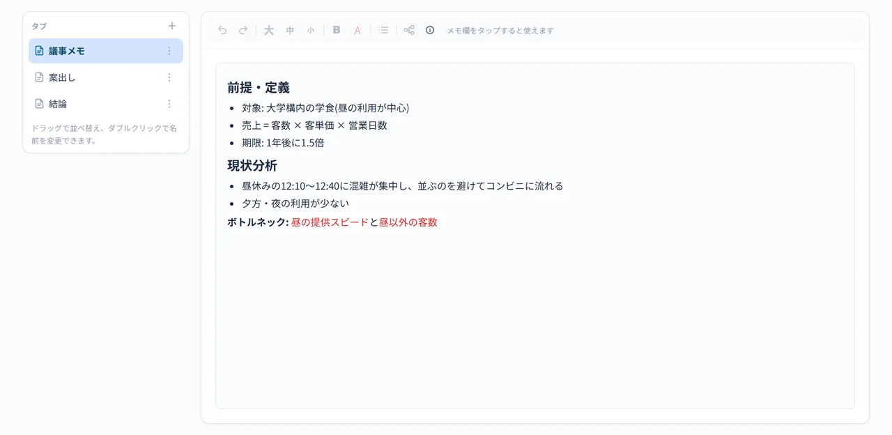 書記メモの欄。左に「タブ」の一覧(議事メモ・案出し・結論)と「＋」、右に文字の大きさ・太字・赤文字・箇条書きなどのツールバーと、メモの入力欄