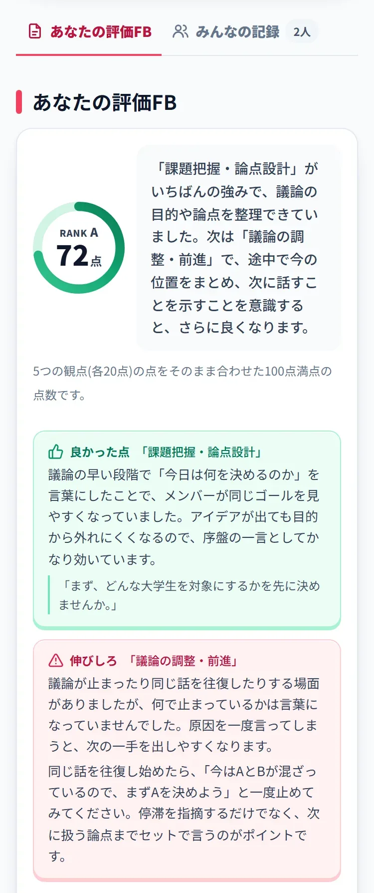 GD練習会の評価FB。「あなたの評価FB」「みんなの記録」のタブ、点数とランク、良かった点と伸びしろ