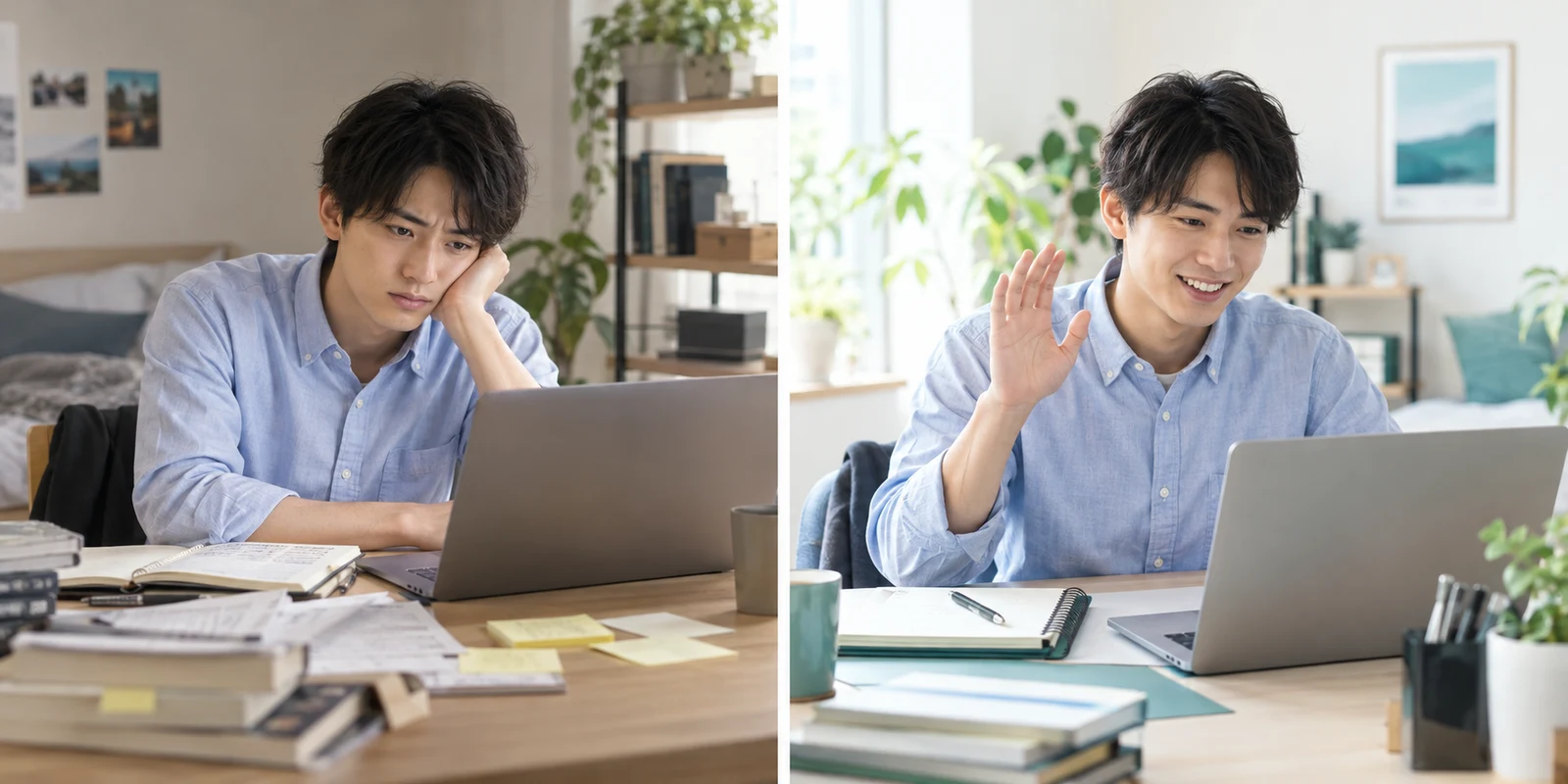 一人で就活の情報を調べて困る学生と、先輩にオンラインで相談する学生のイメージ